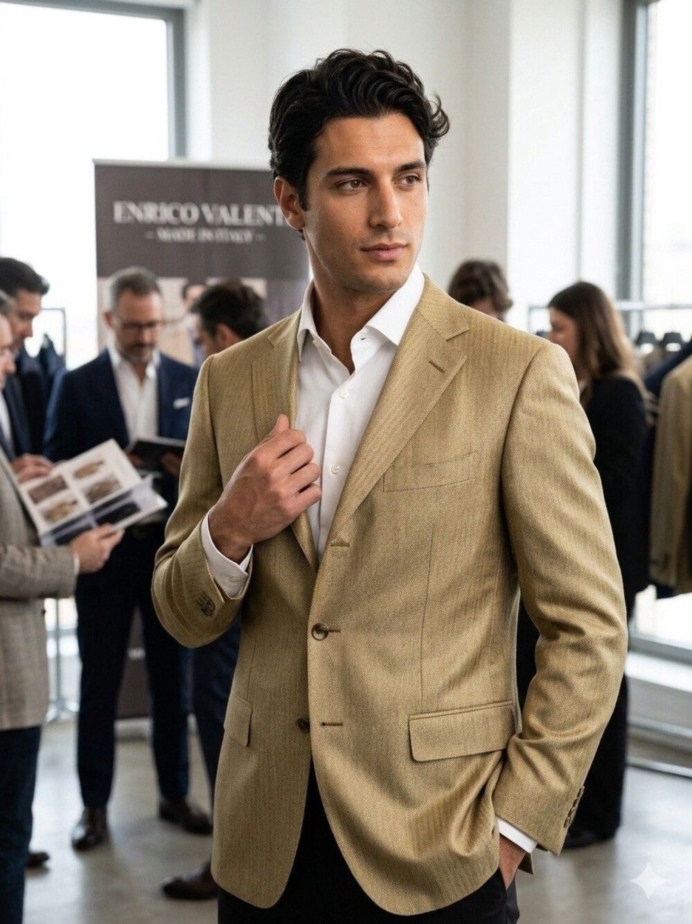 Enrico Valenti Super 120s Silk Wool Sport Coat 40S Gold Tan Herringbone Blazer